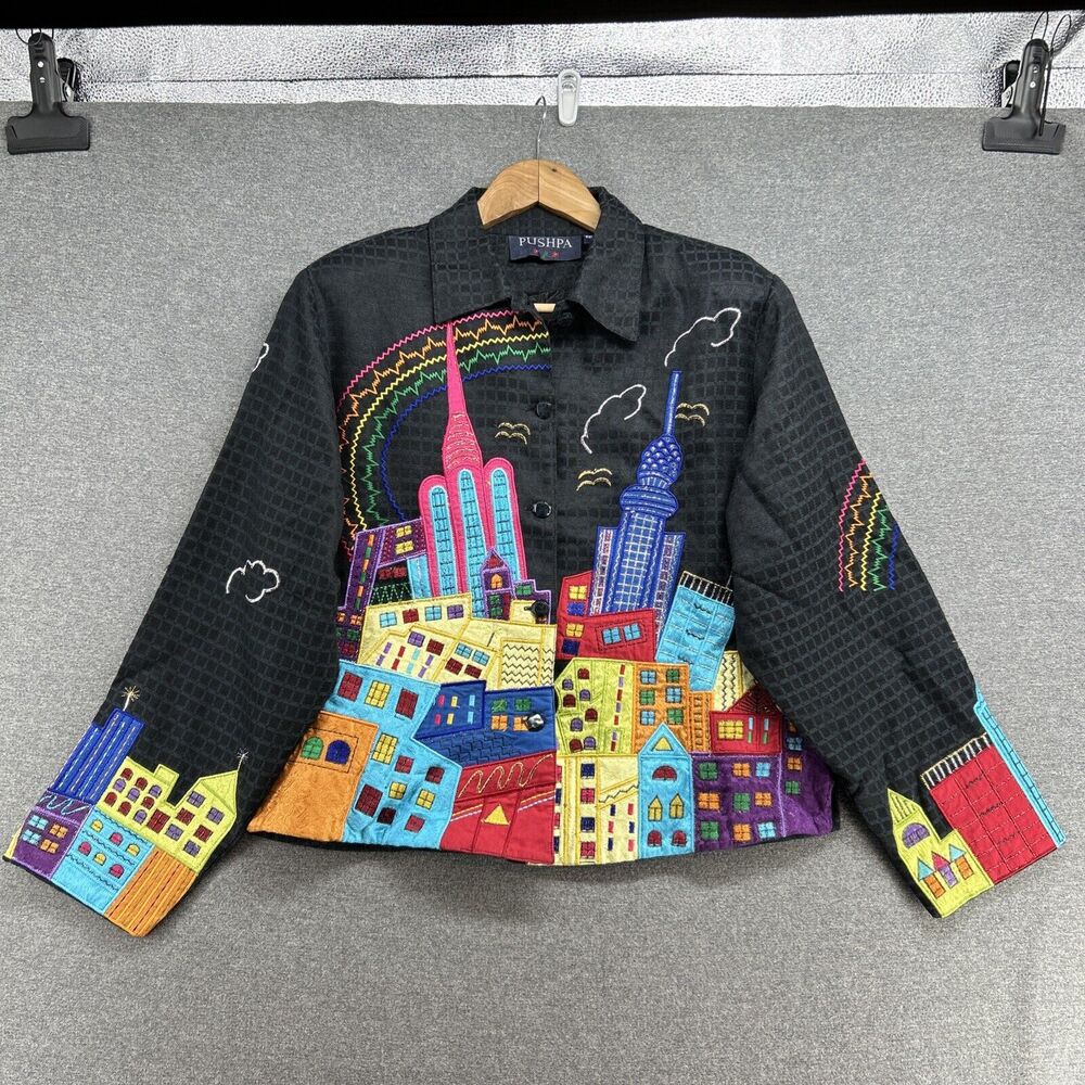 Vintage 90s PUSHPA Womens Medium Skyscraper Cityscape Rainbow Novelty Art Blazer